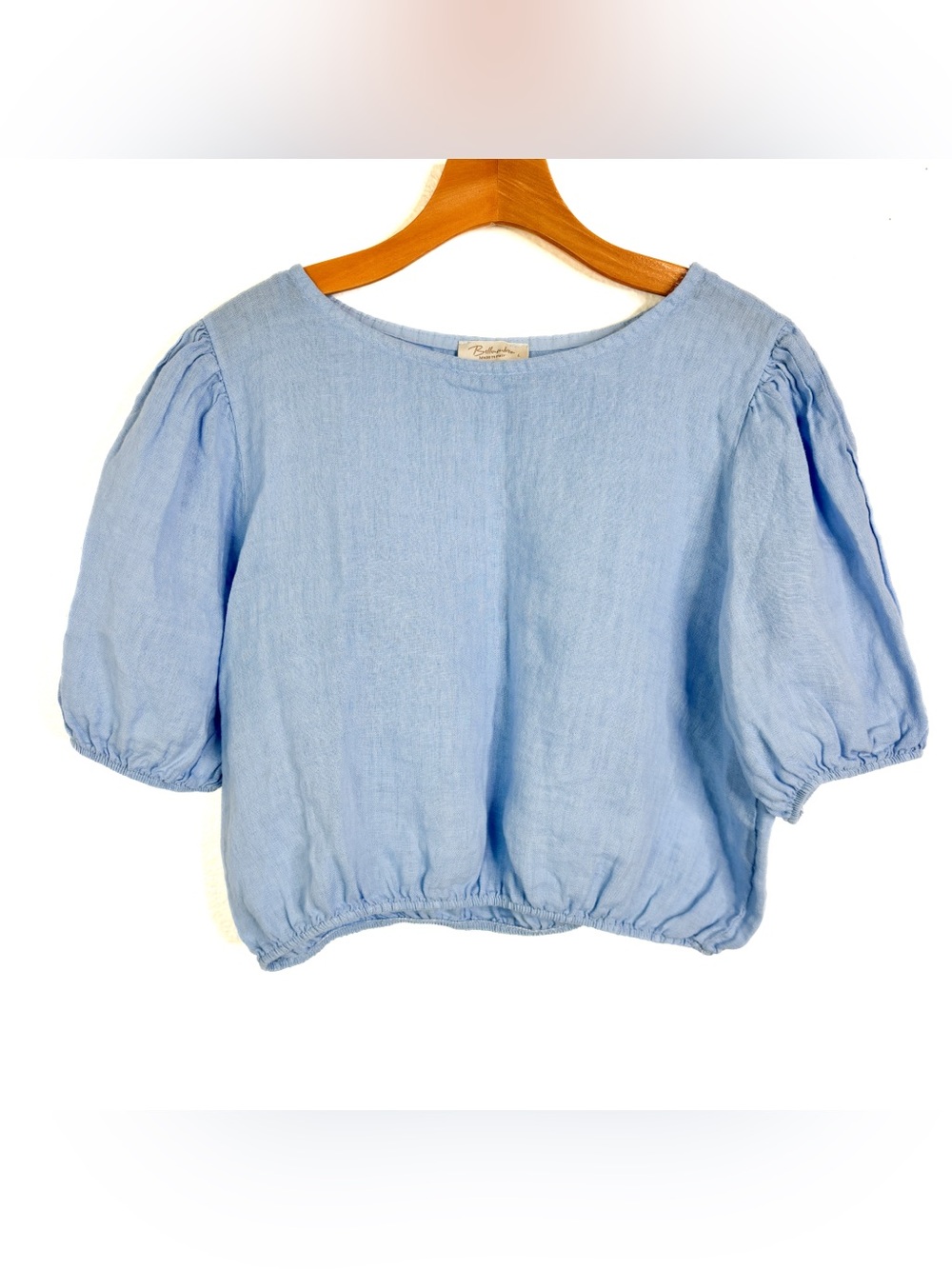 BELLAMBRA Cropped Linen Top Blue Size L